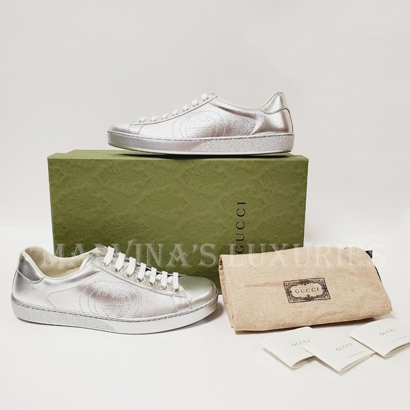 GUCCI SNEAKERS NEW ACE SILVER LEATHER INTERLOCKING G LOGO SHOES 7.5G 8 US - Picture 13 of 14